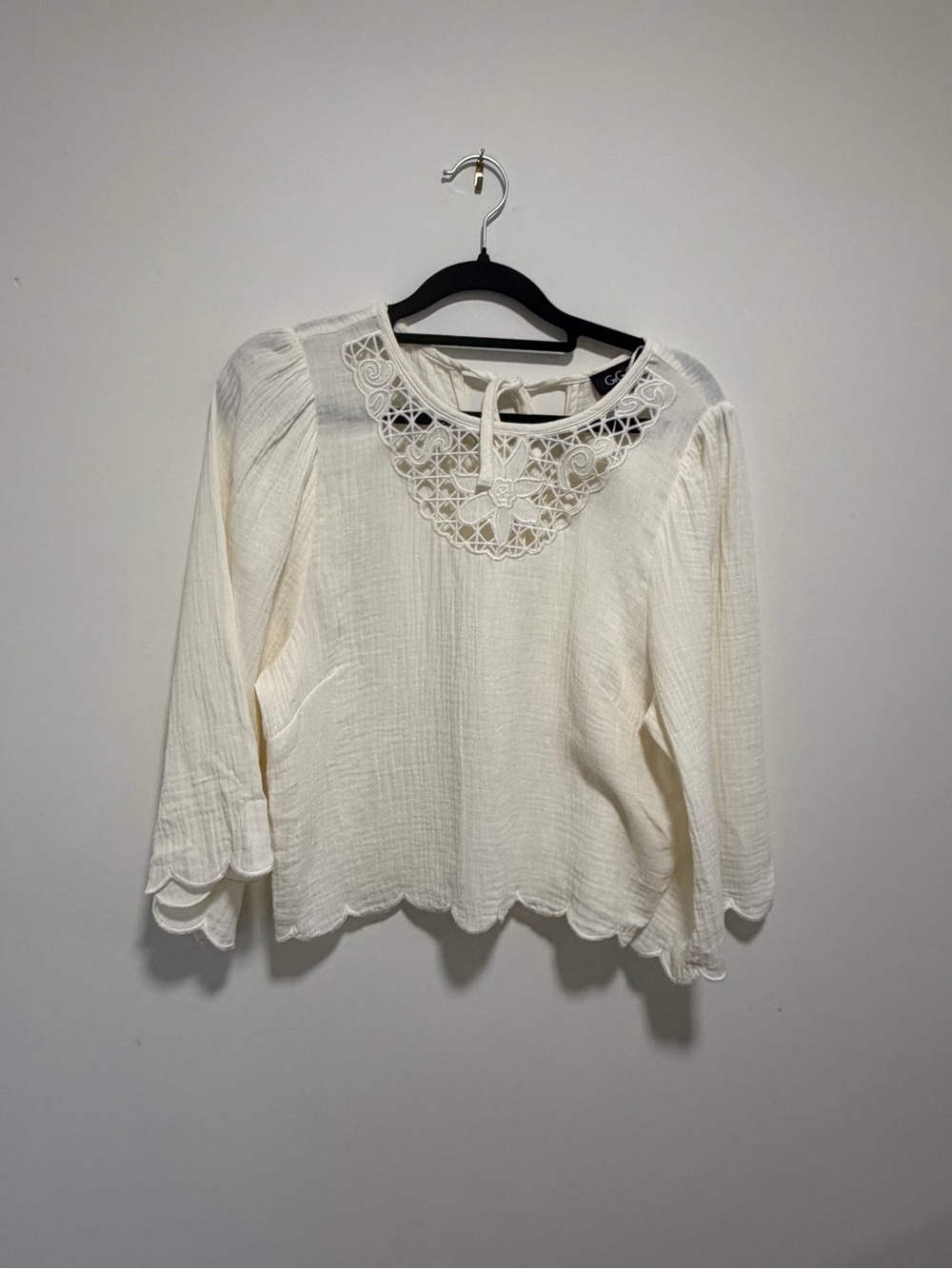Lace-Yoke Cream Peasant Blouse with Scalloped Hem